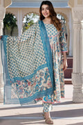 White & Yellow Pure Cotton Floral Printed Anarkali Suit Set with Dupatta KF