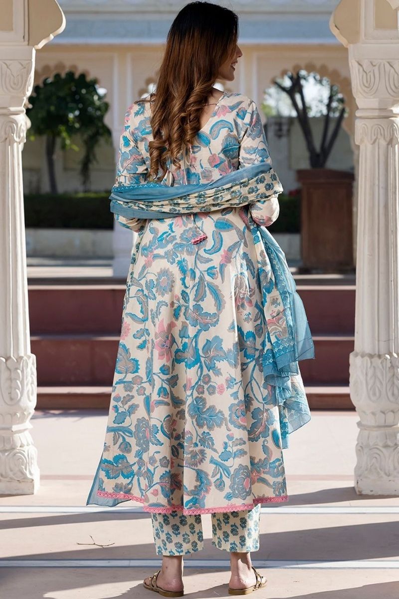 White & Yellow Pure Cotton Floral Printed Anarkali Suit Set with Dupatta KF