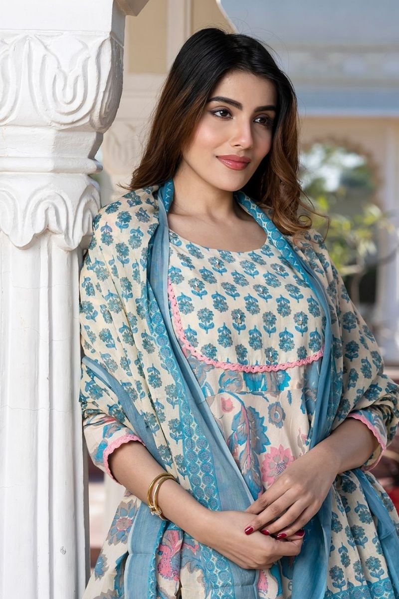 White & Yellow Pure Cotton Floral Printed Anarkali Suit Set with Dupatta KF