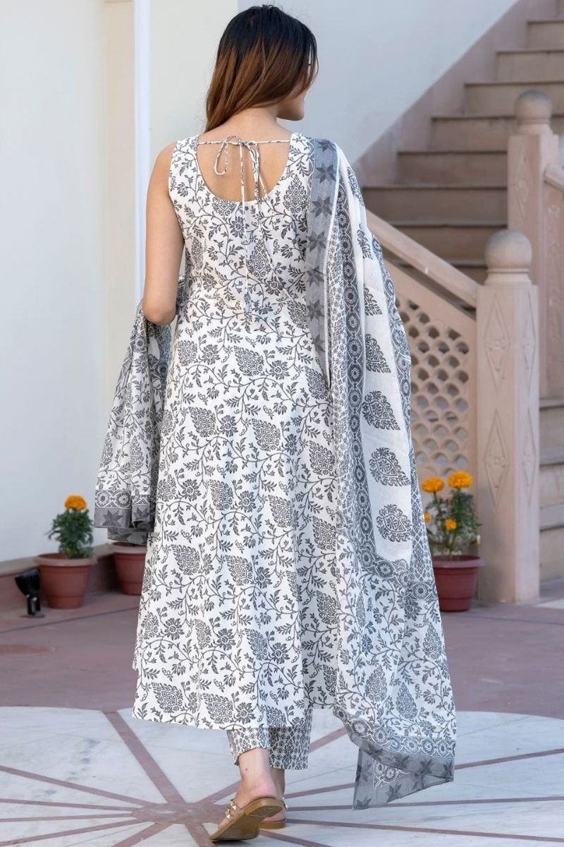 Blue & White Pure Cotton Floral Printed Anarkali Suit Set with Dupatta (Copy) KF