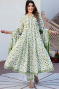 White & Green Pure Cotton Floral Printed Anarkali Suit Set with Dupatta KF
