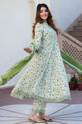 White & Green Pure Cotton Floral Printed Anarkali Suit Set with Dupatta KF