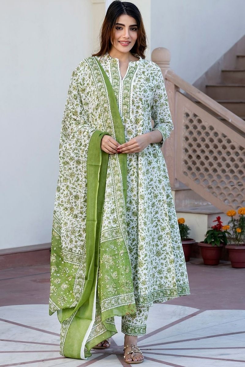 White & Green Pure Cotton Floral Printed Anarkali Suit Set with Dupatta KF