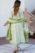 White & Green Pure Cotton Floral Printed Anarkali Suit Set with Dupatta KF