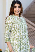 White & Green Pure Cotton Floral Printed Anarkali Suit Set with Dupatta KF