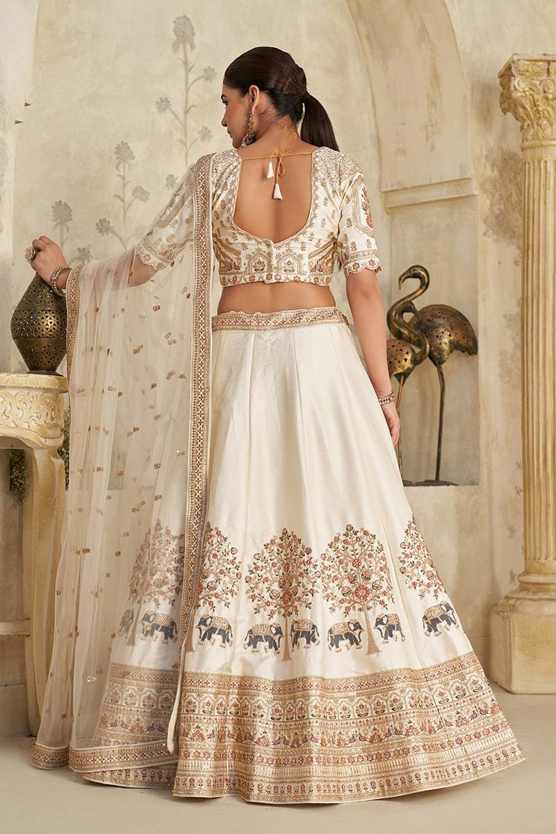 White Lehenga with Intricate Elephant Zari Work KF