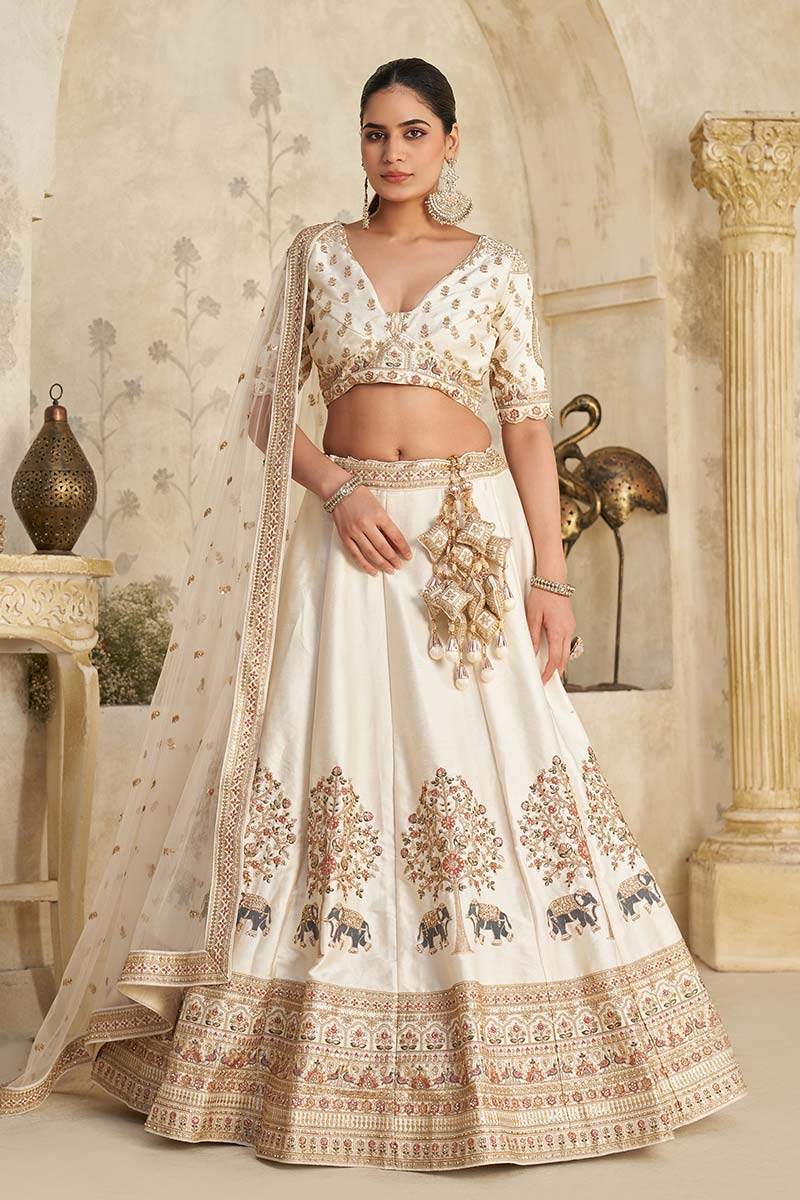 White Lehenga with Intricate Elephant Zari Work KF