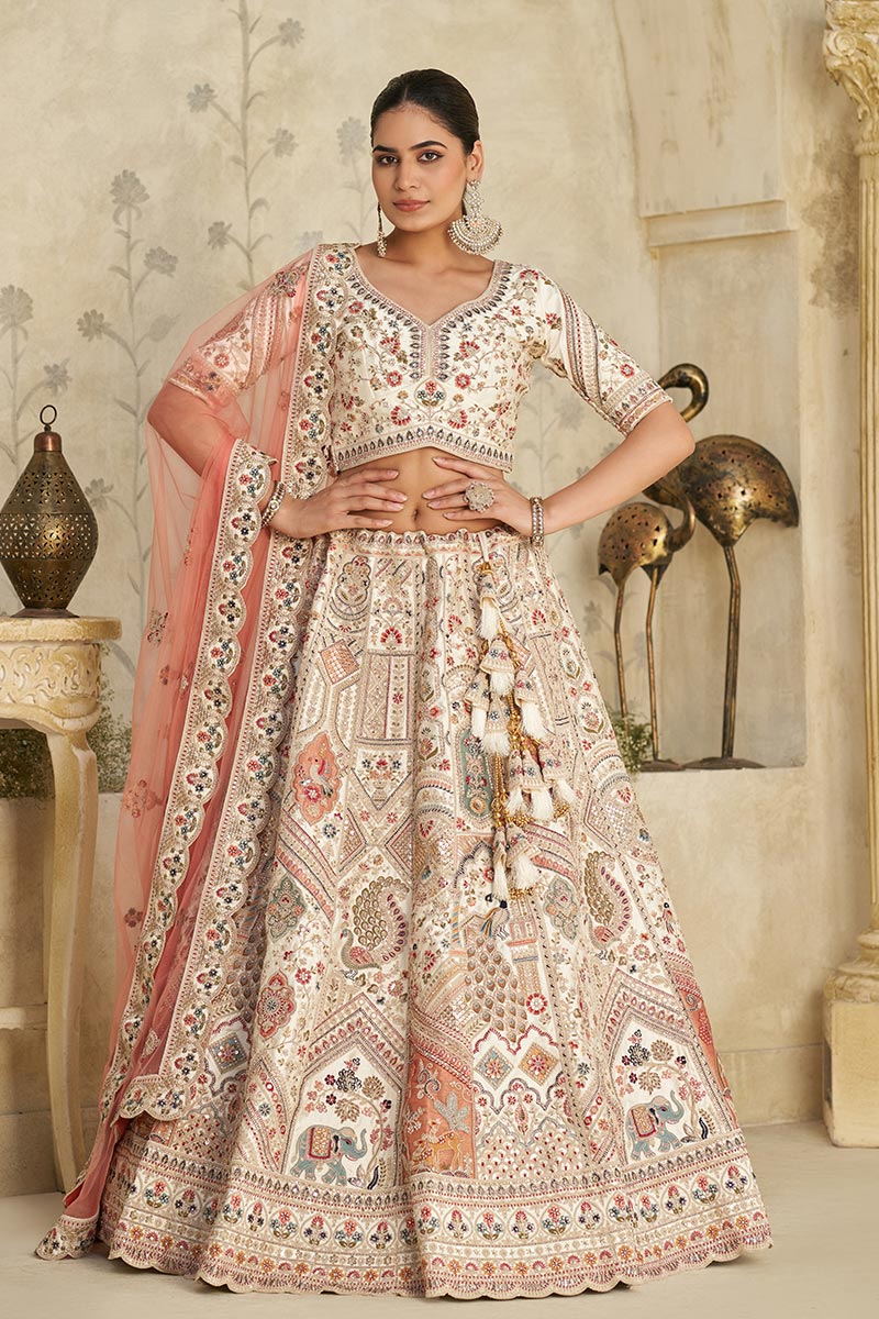 Intricately Embroidered Cream Zari Lehenga with Royal Motifs KF