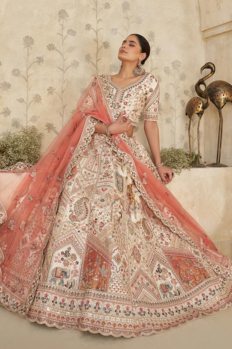 Intricately Embroidered Cream Zari Lehenga with Royal Motifs KF