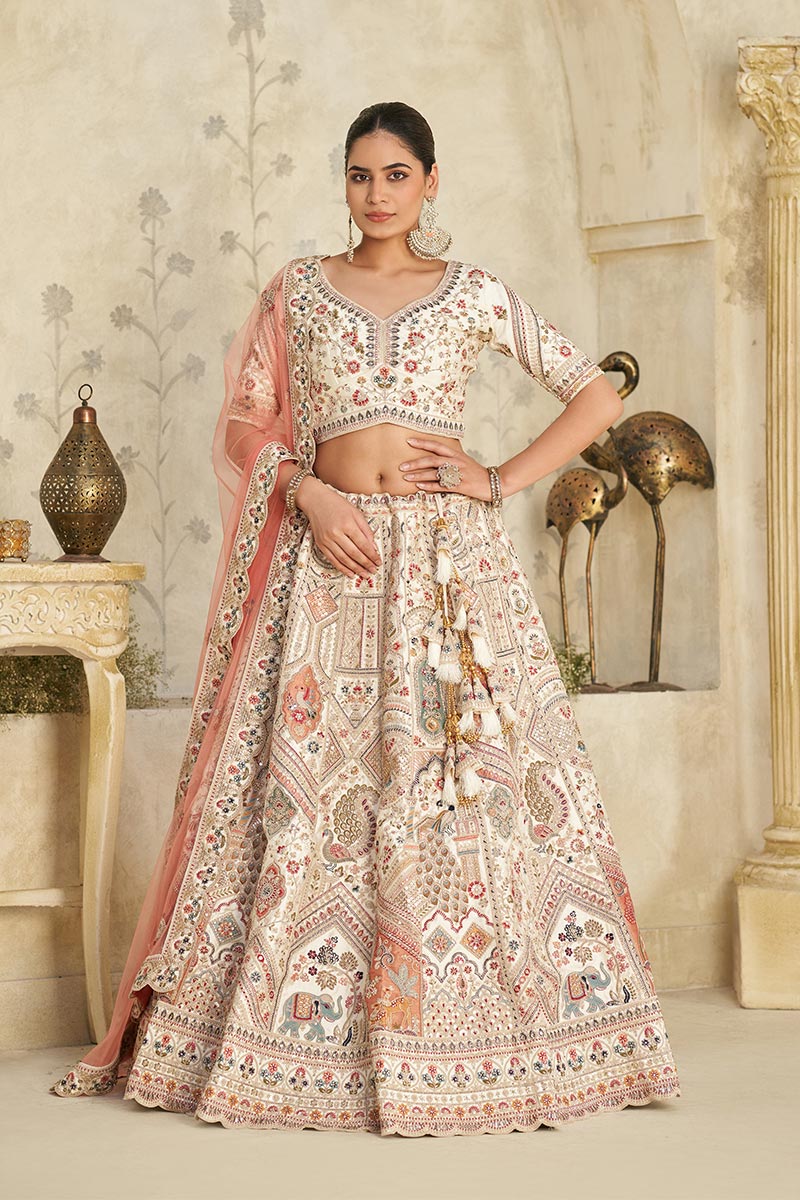 Intricately Embroidered Cream Zari Lehenga with Royal Motifs KF