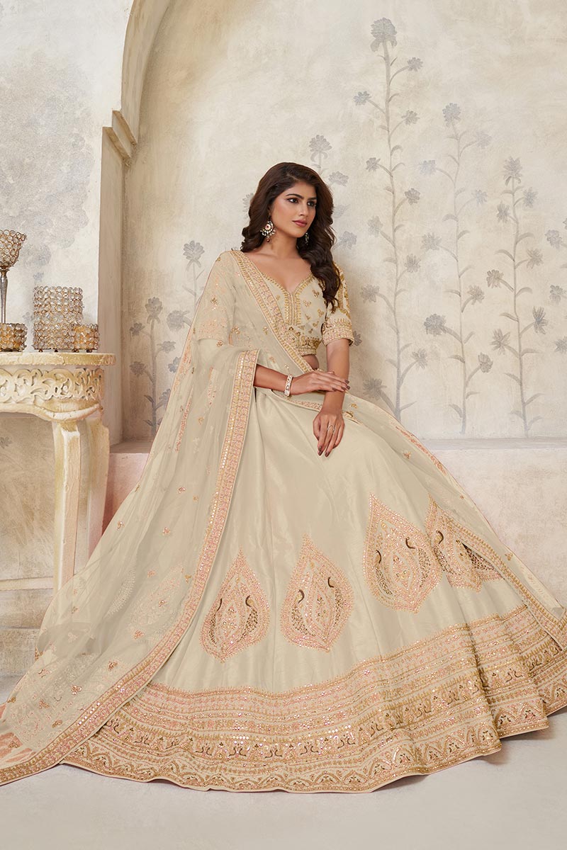 Elegant Beige Ivory color Wedding Lehenga with Leaf Embroidery KF