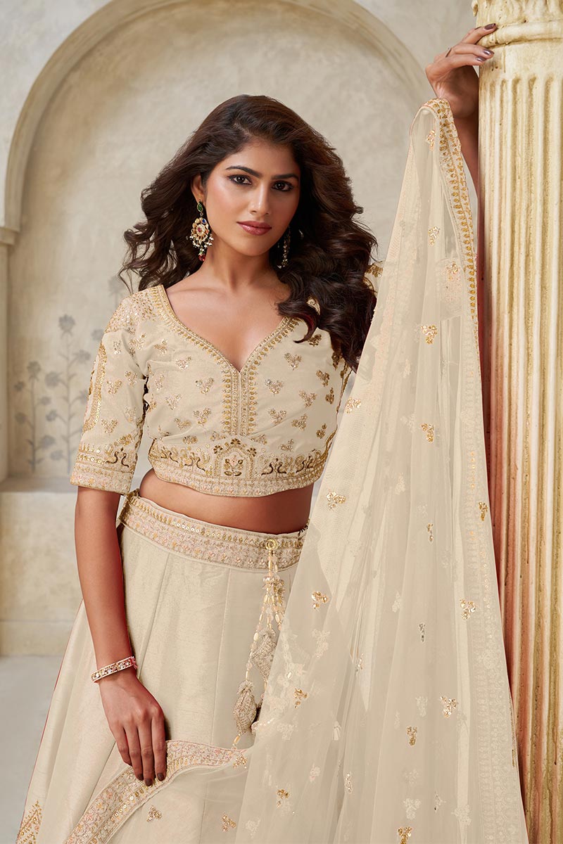 Elegant Beige Ivory color Wedding Lehenga with Leaf Embroidery KF