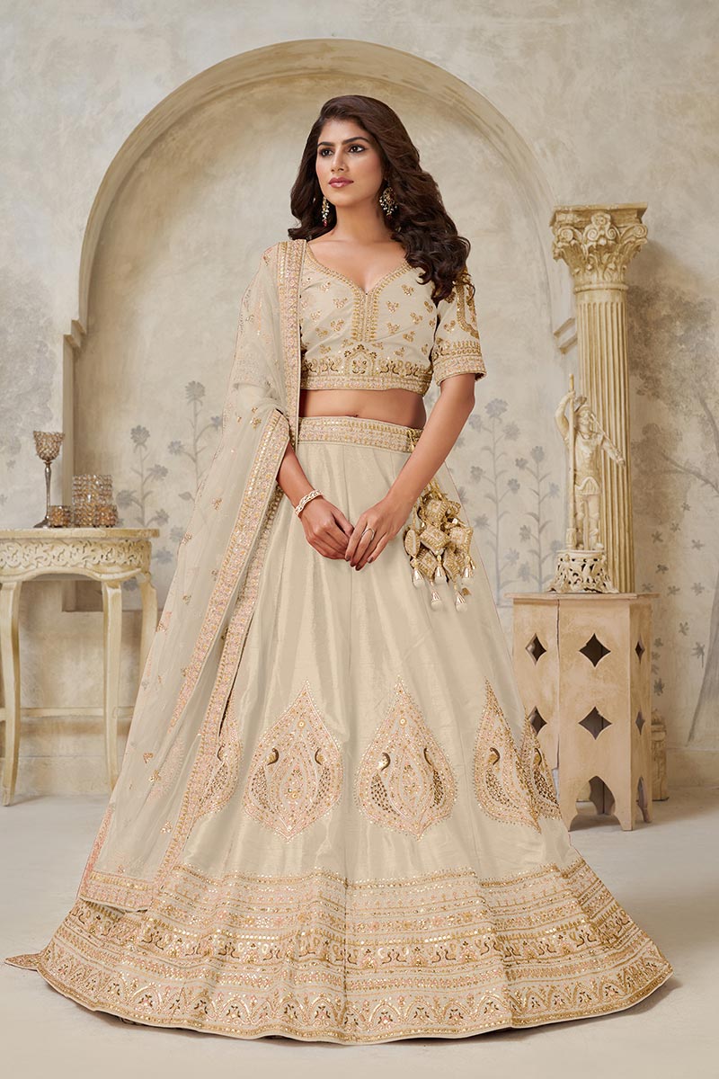 Elegant Beige Ivory color Wedding Lehenga with Leaf Embroidery KF