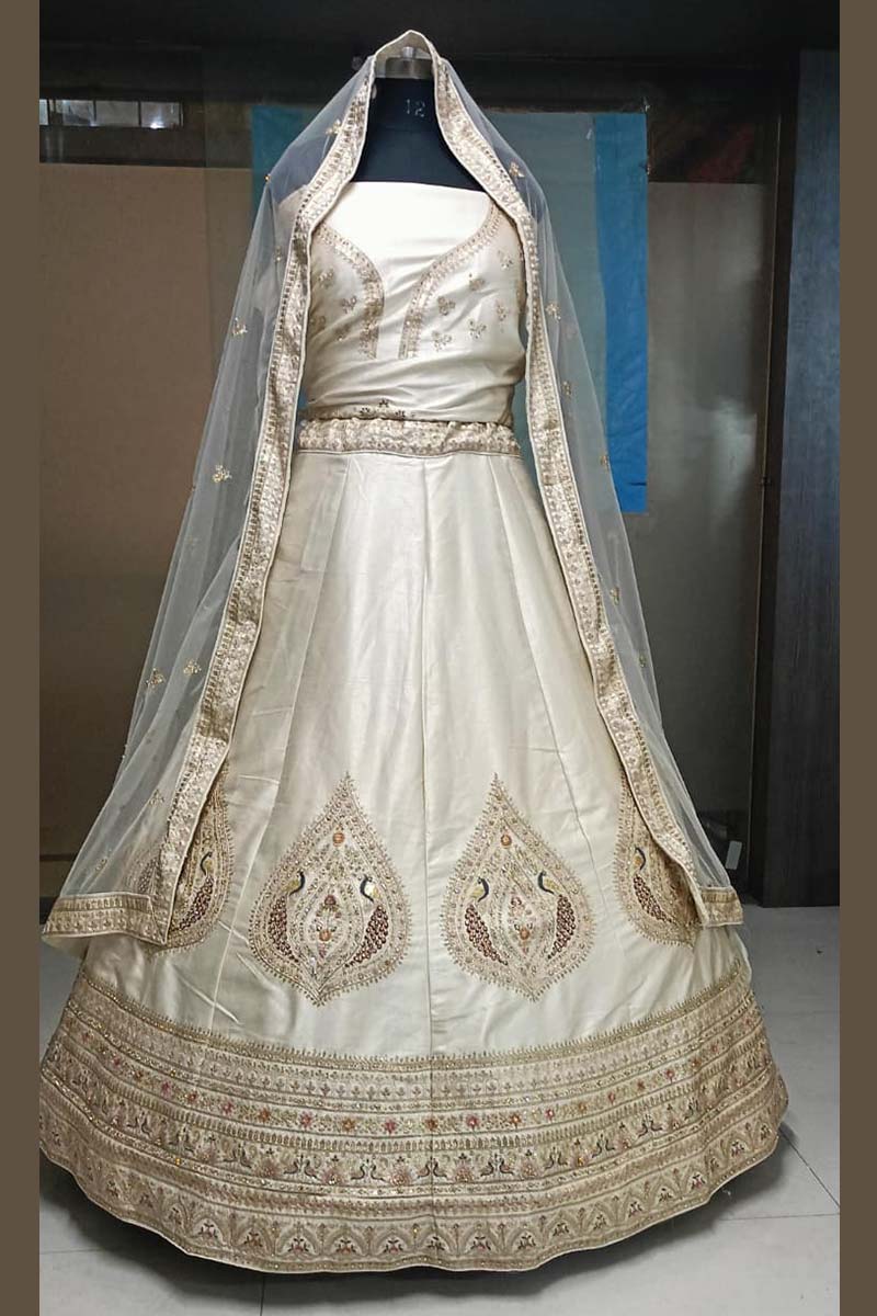 Elegant Beige Ivory color Wedding Lehenga with Leaf Embroidery KF