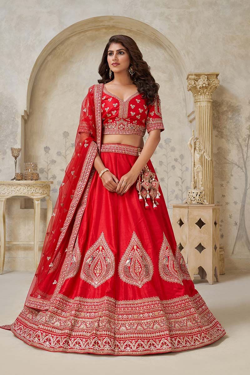 Red Embroidered Bridal Lehenga Choli – Traditional Indian Wedding Wear KF