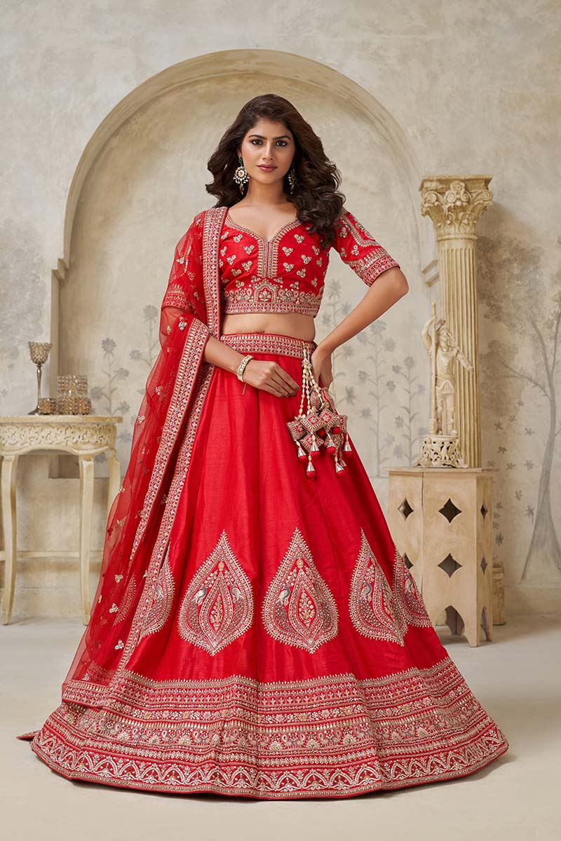 Red Embroidered Bridal Lehenga Choli – Traditional Indian Wedding Wear KF