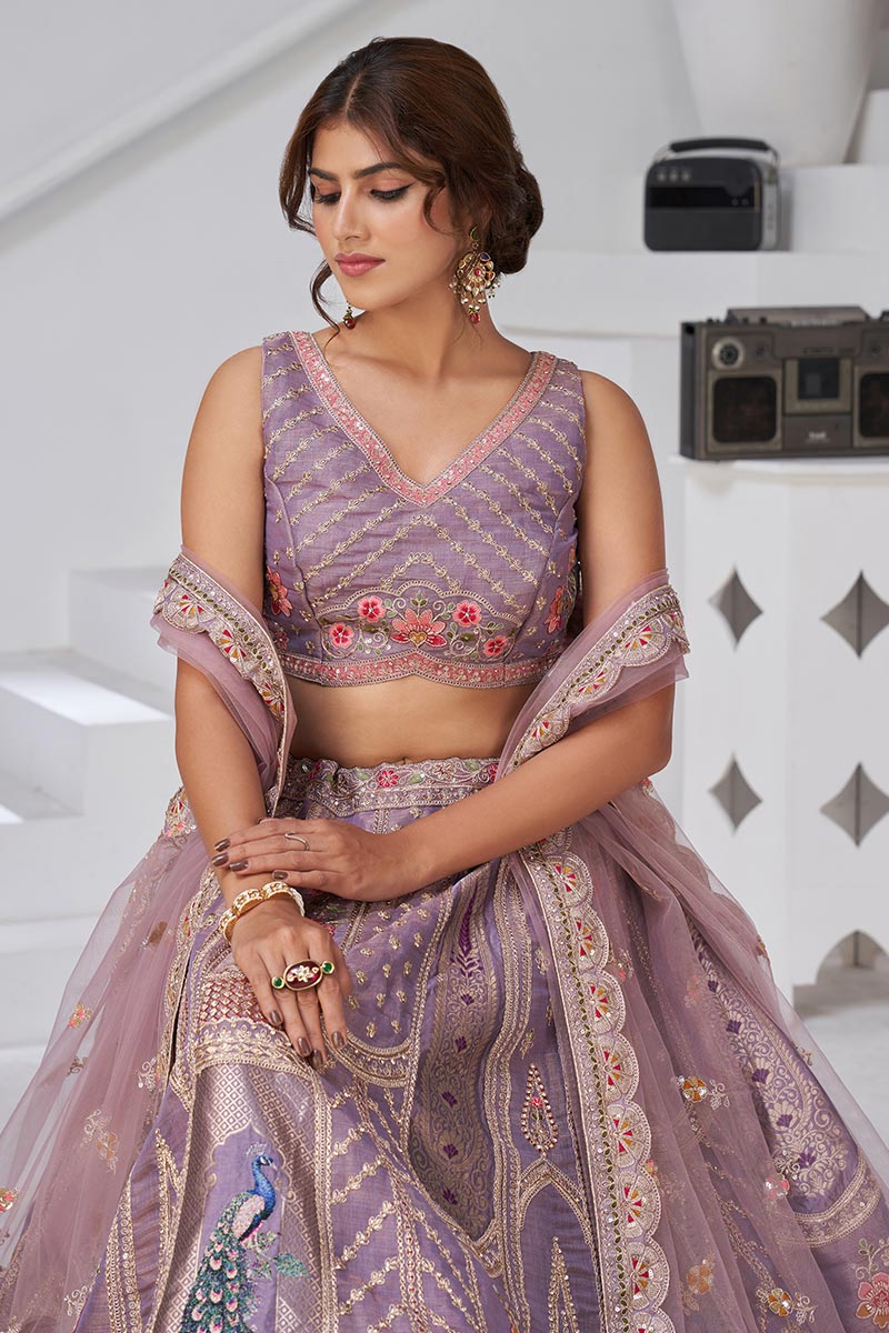 Royal Banarasi Raw Silk purple Lehenga for Haldi & Carnival RTI