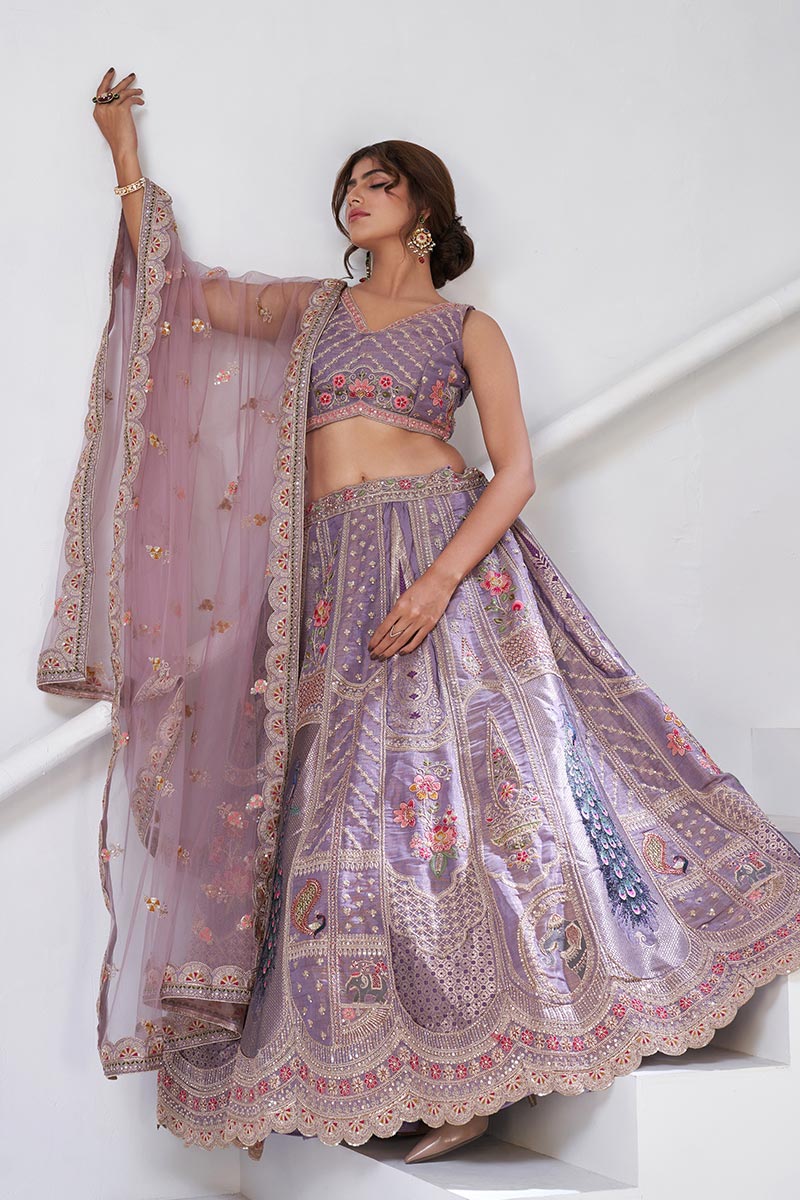 Royal Banarasi Raw Silk purple Lehenga for Haldi & Carnival RTI