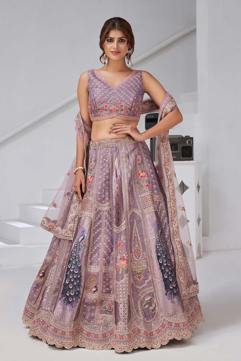 Royal Banarasi Raw Silk purple Lehenga for Haldi & Carnival RTI