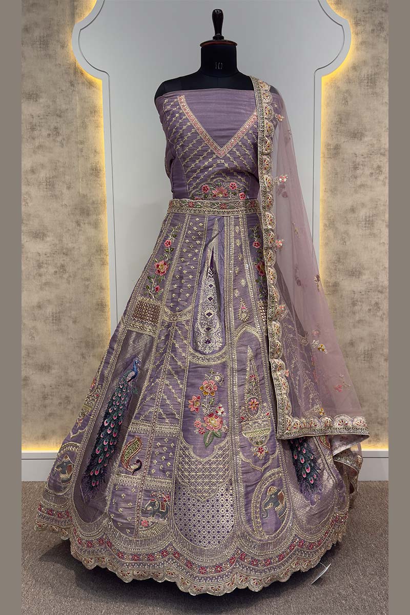 Royal Banarasi Raw Silk purple Lehenga for Haldi & Carnival RTI