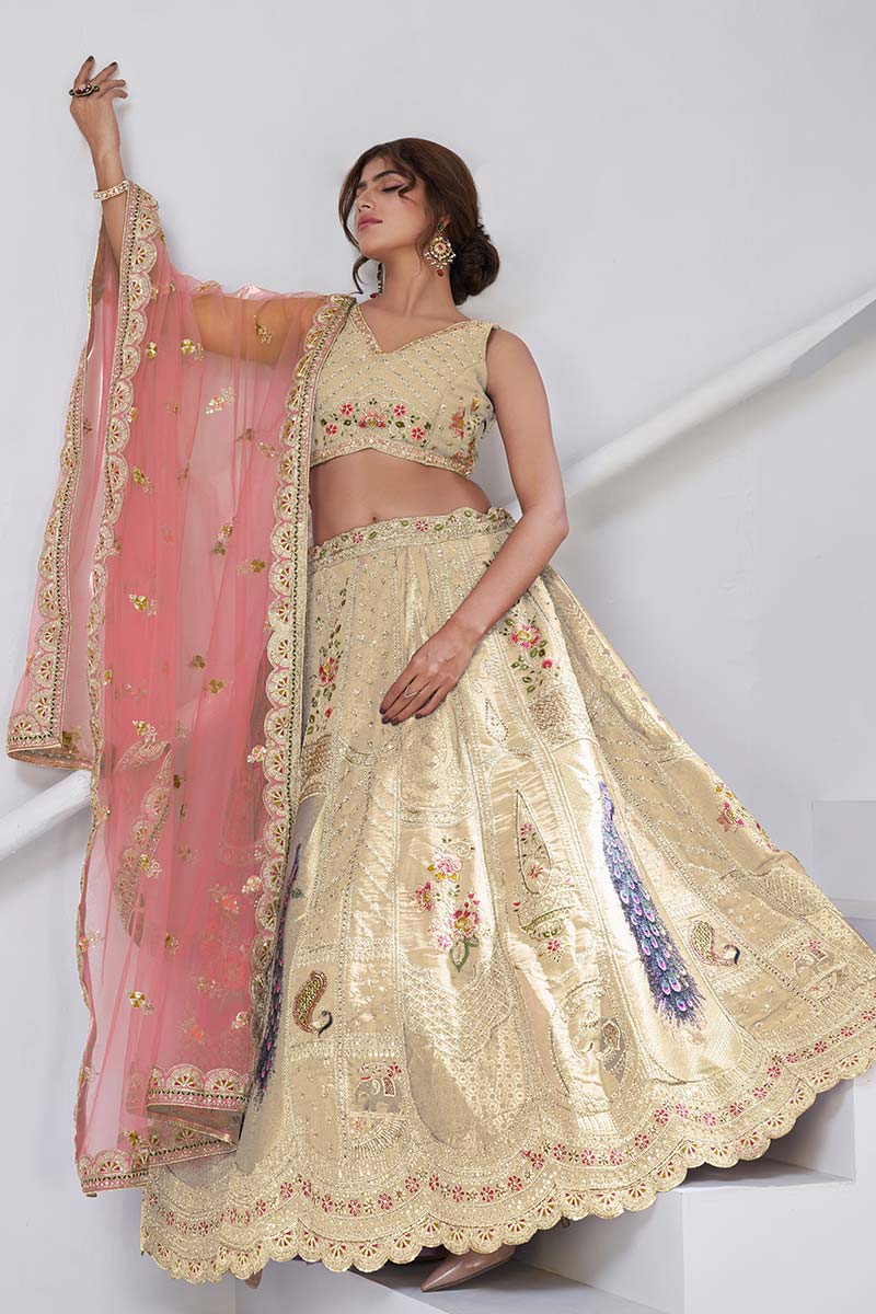 Ivory Embroidered Bridal Lehenga Set with Peach Dupatta – Indian Wedding Wear UK KF