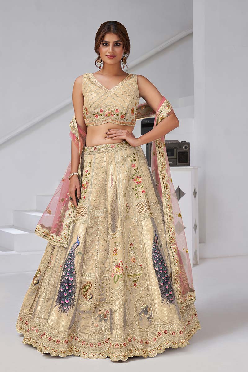 Ivory Embroidered Bridal Lehenga Set with Peach Dupatta – Indian Wedding Wear UK KF