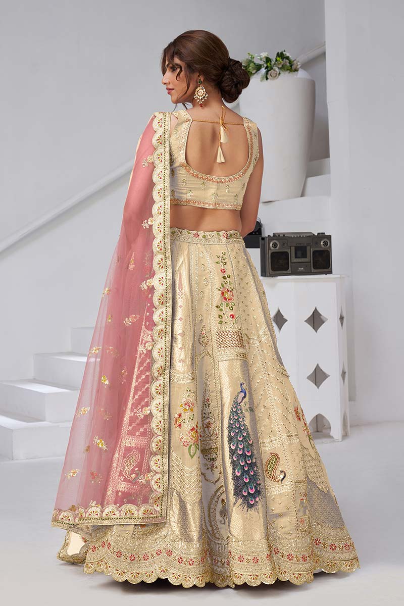 Ivory Embroidered Bridal Lehenga Set with Peach Dupatta – Indian Wedding Wear UK KF
