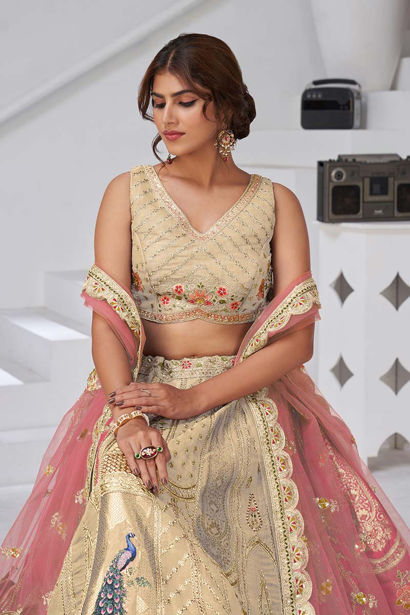 Ivory Embroidered Bridal Lehenga Set with Peach Dupatta – Indian Wedding Wear UK KF