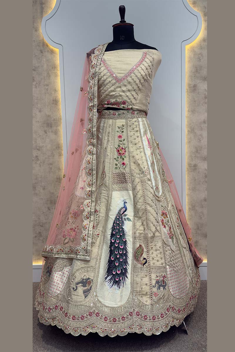 Ivory Embroidered Bridal Lehenga Set with Peach Dupatta – Indian Wedding Wear UK KF