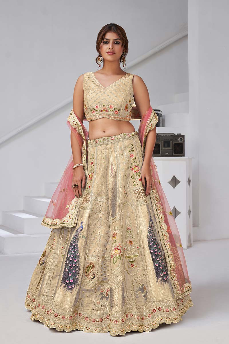 Ivory Embroidered Bridal Lehenga Set with Peach Dupatta – Indian Wedding Wear UK KF