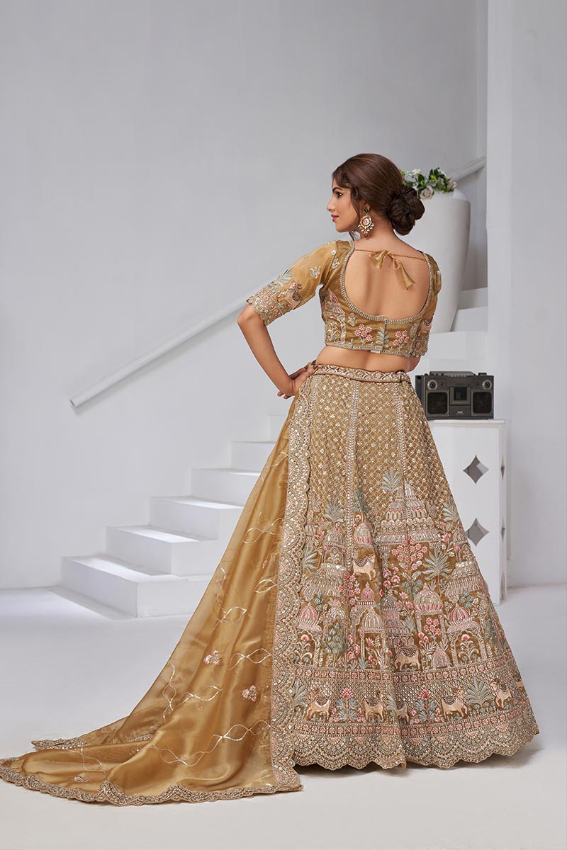 Embroidered Gold Mehendi Lehenga with Dupatta – Indian Bridal & Party Wear KF