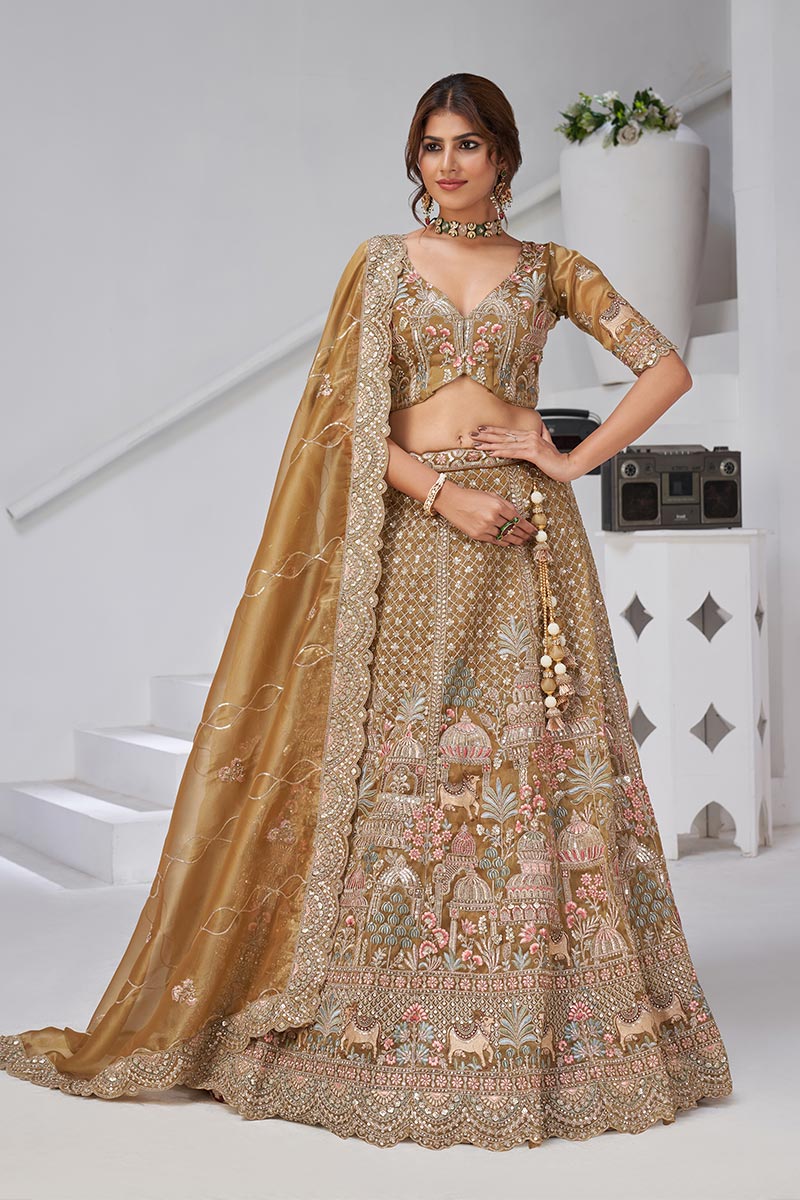 Embroidered Gold Mehendi Lehenga with Dupatta – Indian Bridal & Party Wear KF