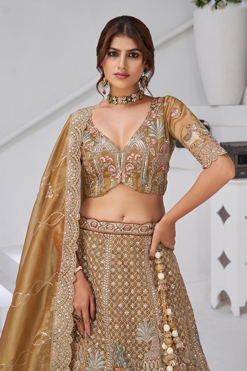 Embroidered Gold Mehendi Lehenga with Dupatta – Indian Bridal & Party Wear KF