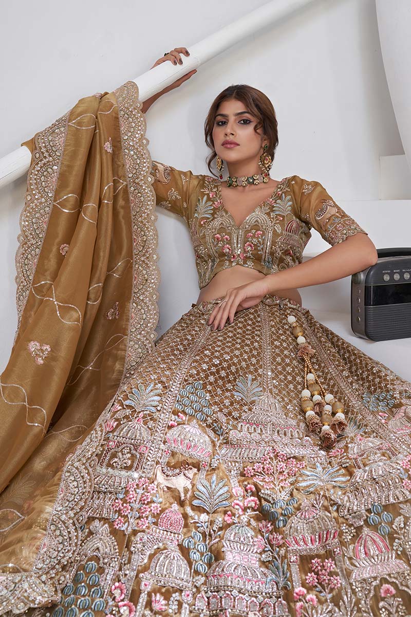 Embroidered Gold Mehendi Lehenga with Dupatta – Indian Bridal & Party Wear KF