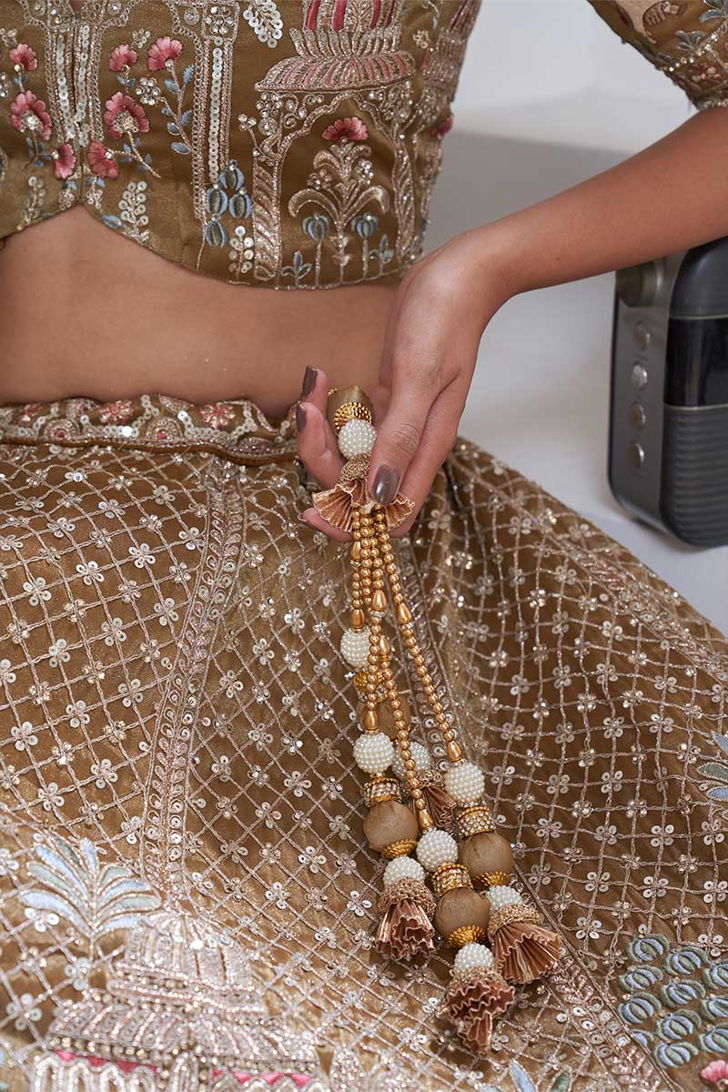 Embroidered Gold Mehendi Lehenga with Dupatta – Indian Bridal & Party Wear KF