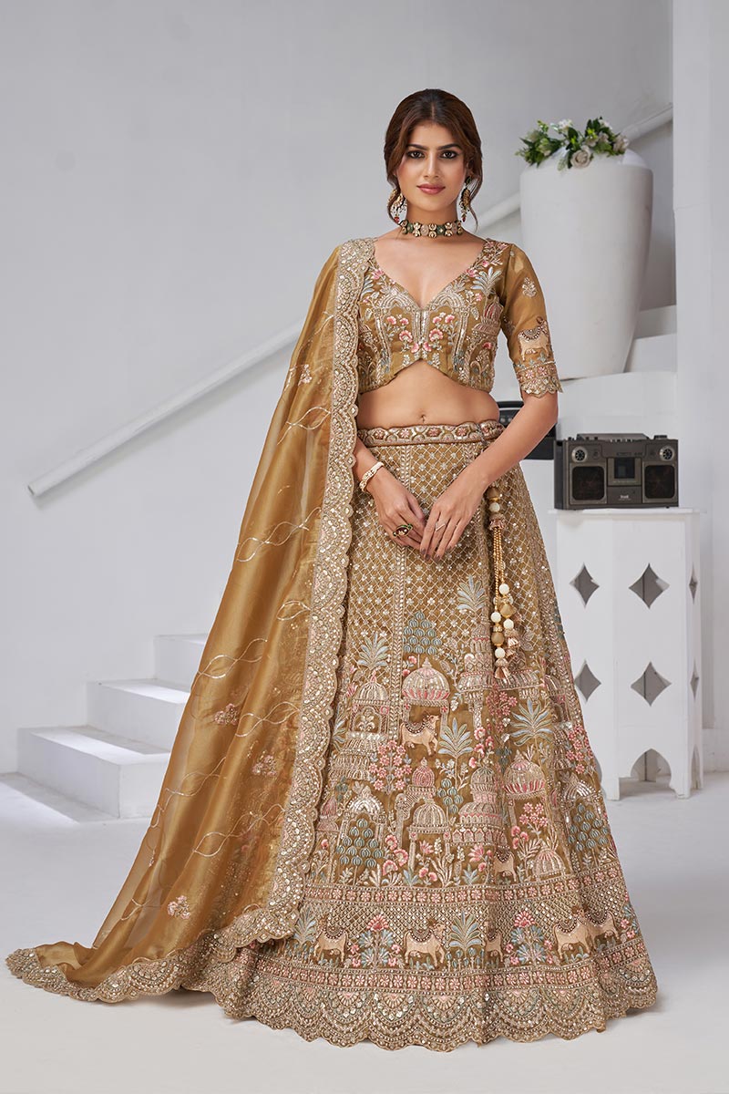 Embroidered Gold Mehendi Lehenga with Dupatta – Indian Bridal & Party Wear KF