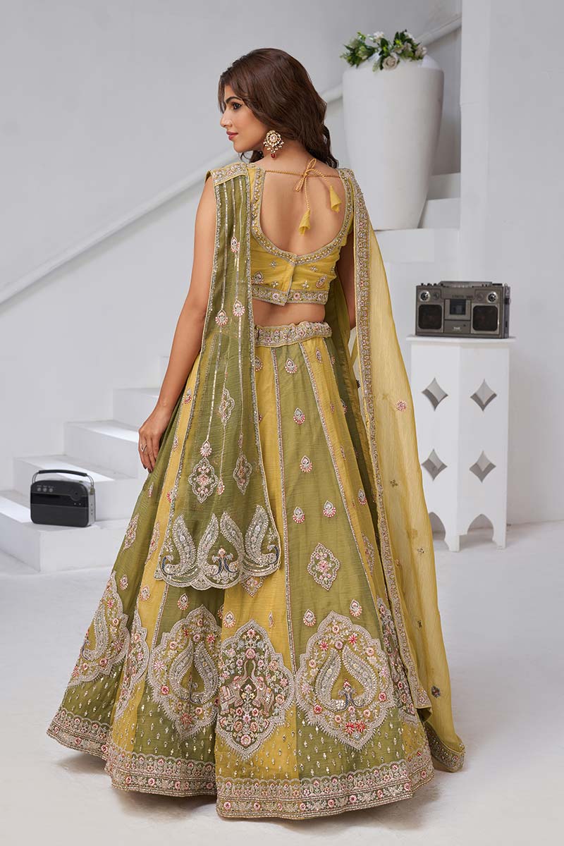 Olive Green Embroidered Mehendi Lehenga Set with Dupatta – Indian Wedding Wear UK KF