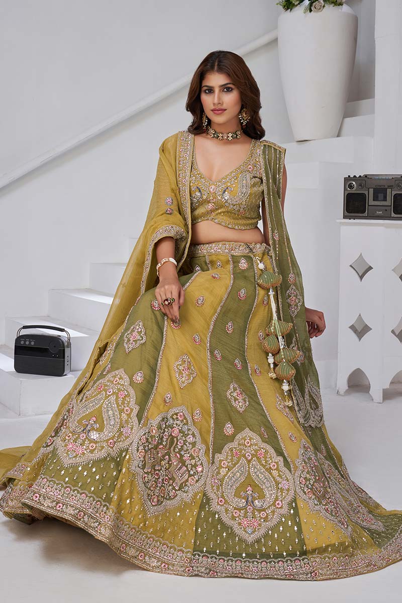Olive Green Embroidered Mehendi Lehenga Set with Dupatta – Indian Wedding Wear UK KF
