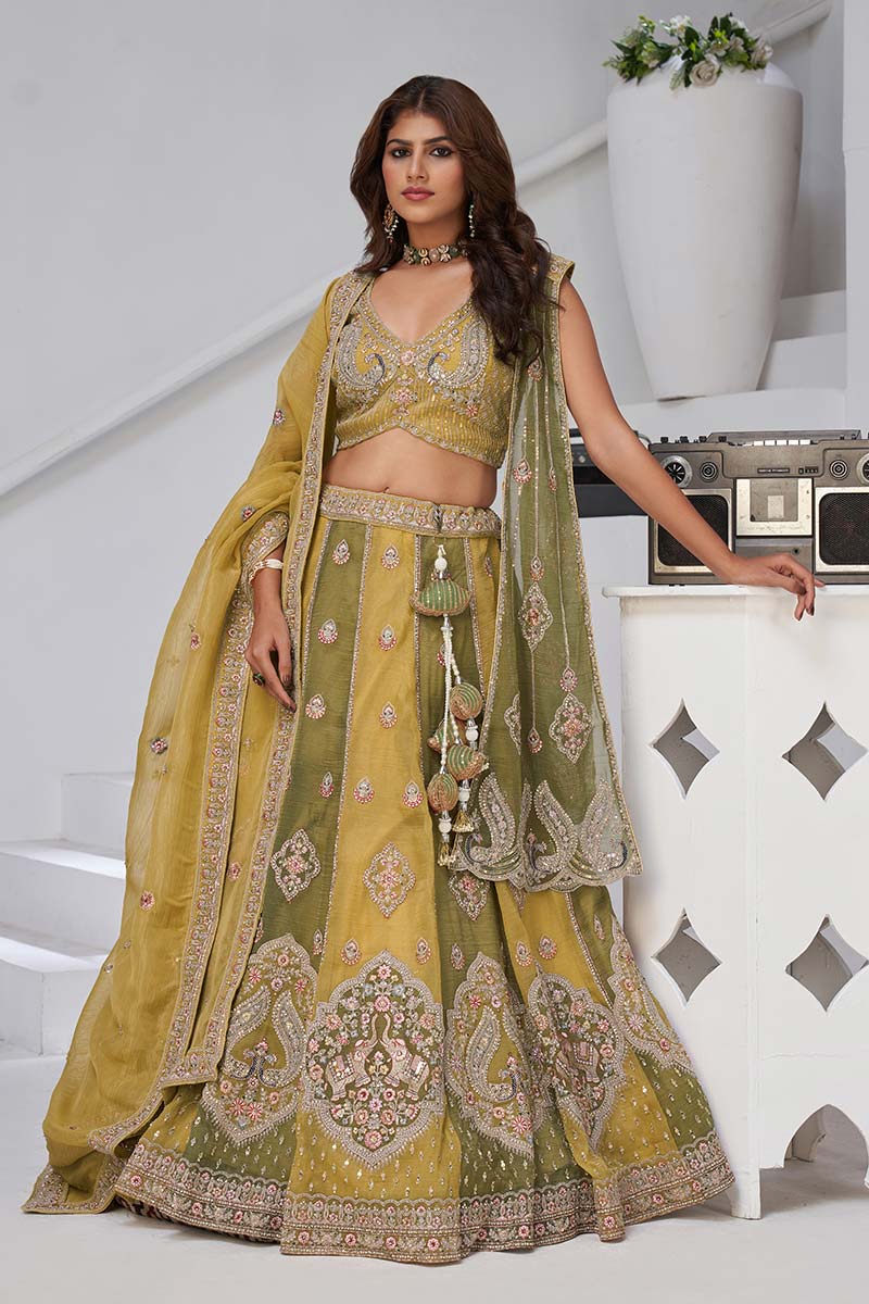 Olive Green Embroidered Mehendi Lehenga Set with Dupatta – Indian Wedding Wear UK KF