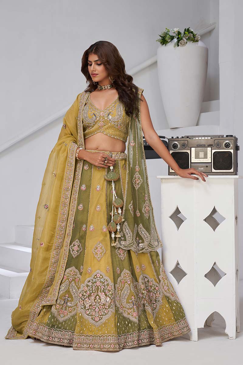 Olive Green Embroidered Mehendi Lehenga Set with Dupatta – Indian Wedding Wear UK KF