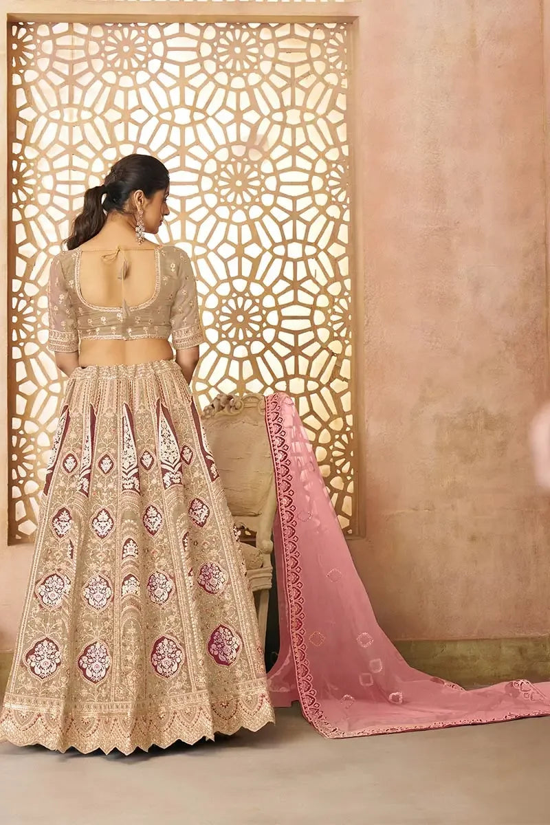 Chiku Champagne Banarasi Aari Work Lehenga with Dupatta KSR