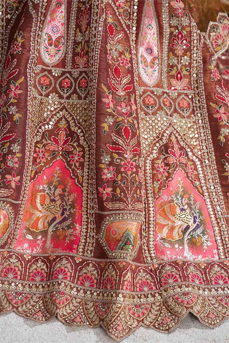 Coffee Banarasi Aari and Sequins Work Lehenga with Dupatta for Brides KSR