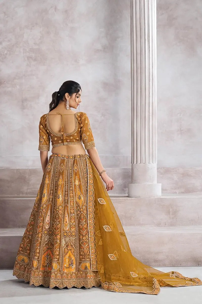 Mustard Banarasi Aari and Sequins Work Lehenga with Dupatta for Brides KSR