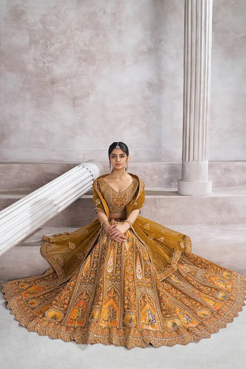 Mustard Banarasi Aari and Sequins Work Lehenga with Dupatta for Brides KSR