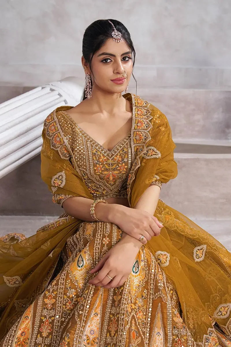 Mustard Banarasi Aari and Sequins Work Lehenga with Dupatta for Brides KSR