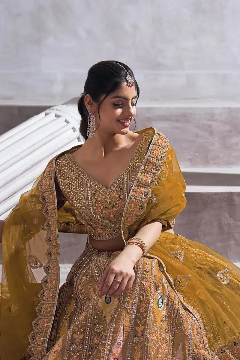 Mustard Banarasi Aari and Sequins Work Lehenga with Dupatta for Brides KSR