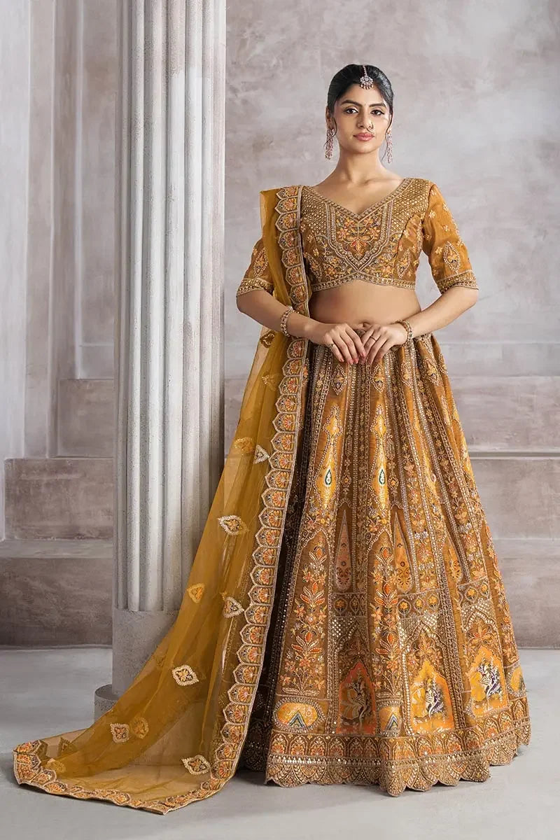Mustard Banarasi Aari and Sequins Work Lehenga with Dupatta for Brides KSR