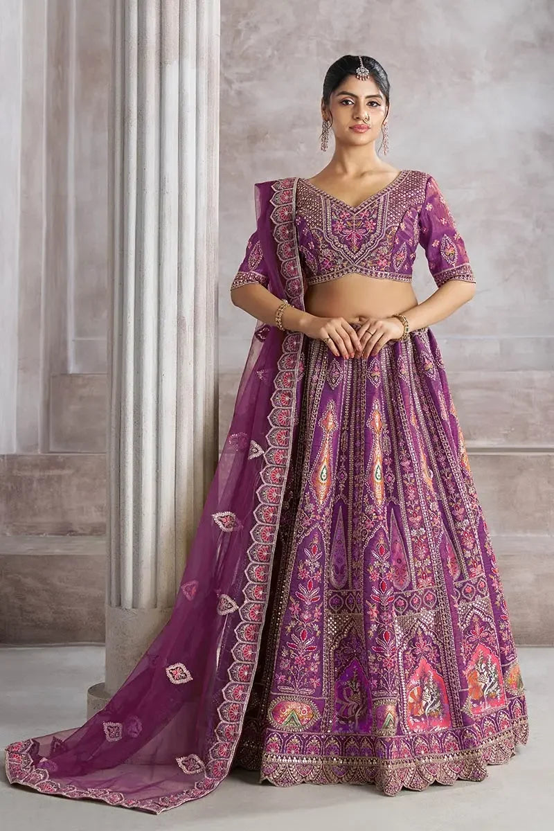 Purple Banarasi Aari and Sequins Work Lehenga with Dupatta for Brides KSR