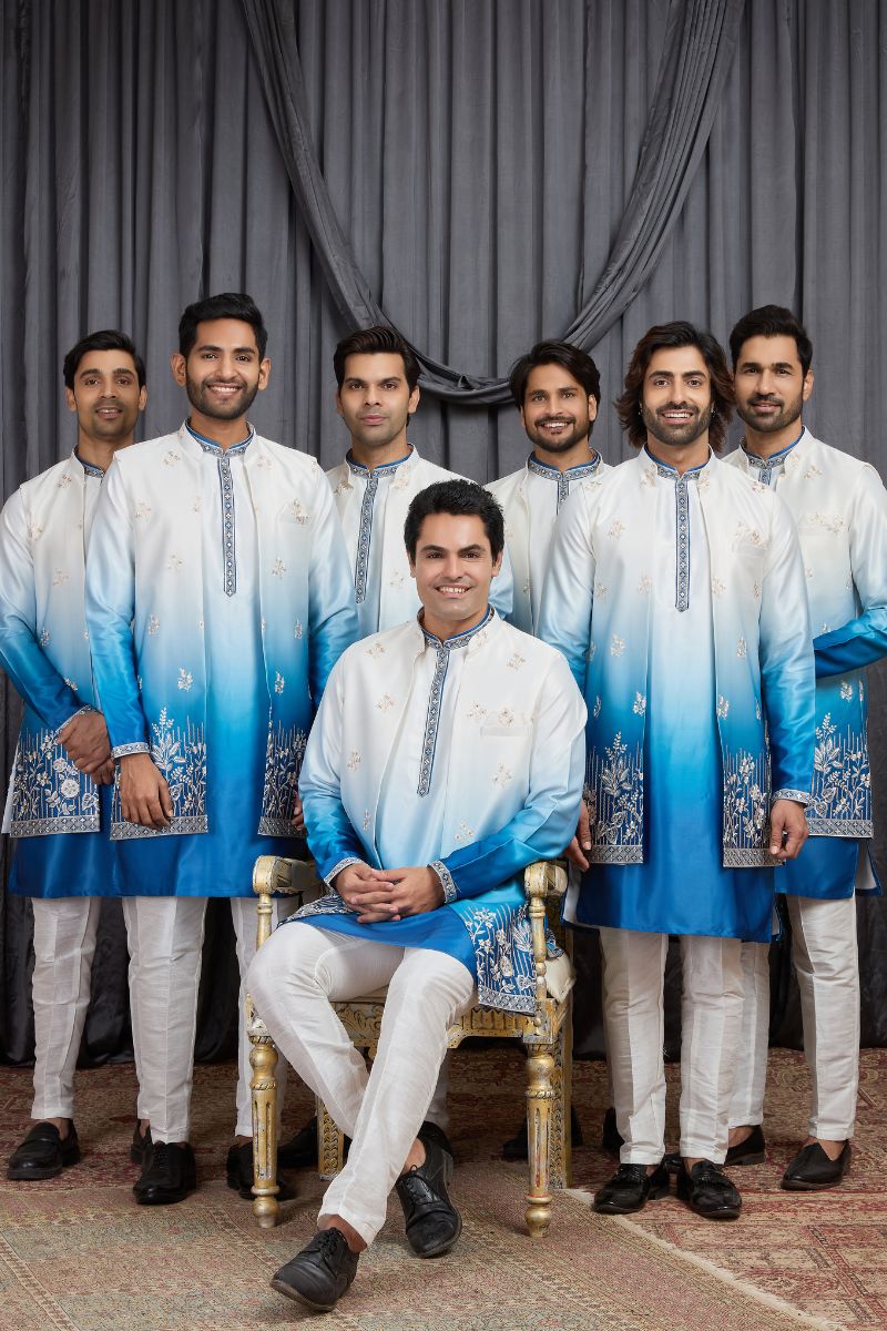 Men's Shaded Blue Art Banarasi Silk Embroidered Long Kurta Jacket Set KF