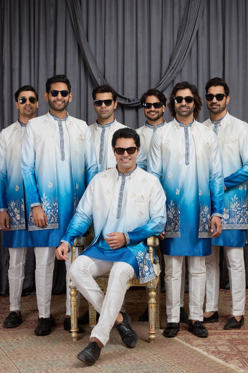 Men's Shaded Blue Art Banarasi Silk Embroidered Long Kurta Jacket Set KF